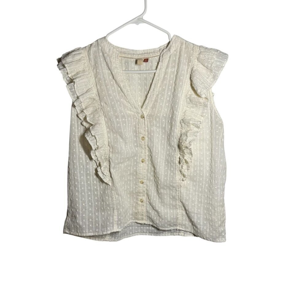 Pilcro Anthropology White Ruffle Sleeve Button-Down Blouse With Textured size sm
